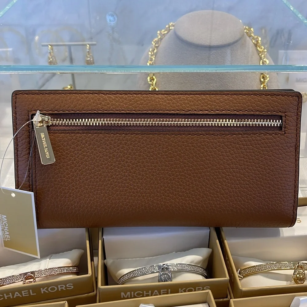 Michael Kors Reed Lg Bifold Pebbled Leather Snap Wallet Card Case Luggage NWT